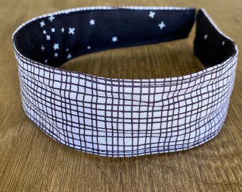 Comfortable Headband-- Washable, reversible-- black & with stars/ black and white plaid fabric