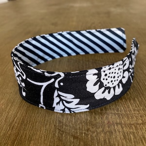 Comfortable Headband-- Washable, reversible-- black & white stripe/black floral