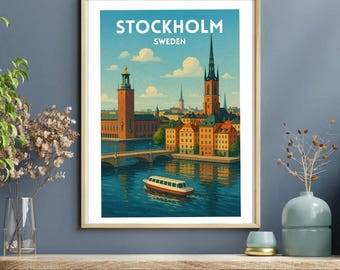 Skansen Stockholm Travel Poster | Vintage Scandinavian Harbor Art