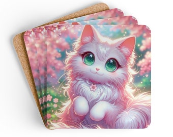 Pretty Kitty anime pink cat coasters for drinks, gift for mom, gift for sister, gift for friend, gifts for mother's day, cute design