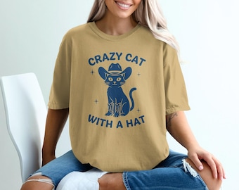 Maglietta con gatto pazzo e cappello, divertente maglietta western, comoda maglietta retrò, stile estetico anni '90, idea regalo unica per gli amanti dei gatti, simpatica maglietta con gatto cowboy