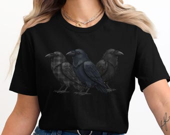 Three Ravens T-Shirt, Unisex Raven Tee, Halloween Raven Shirt, Dark Bird Tee, Patchwork Raven Art T Shirt, Crow Lover Gift
