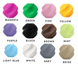 May include: A color chart displaying twelve twisted, spherical objects in various shades labeled as magenta, green, pink, yellow, purple, black, brown, mint, light blue, white, grey, and beige. The word COLORS is centered at the top of the image.