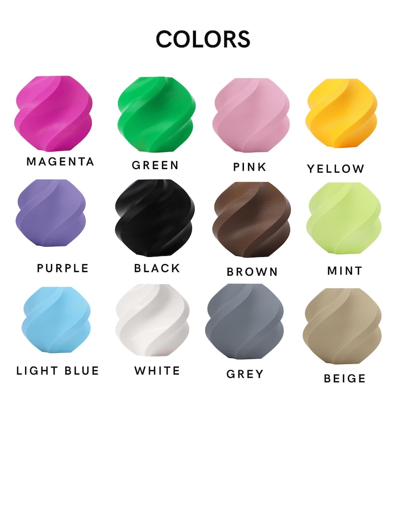 May include: A color chart displaying twelve twisted, spherical objects in various shades labeled as magenta, green, pink, yellow, purple, black, brown, mint, light blue, white, grey, and beige. The word COLORS is centered at the top of the image.