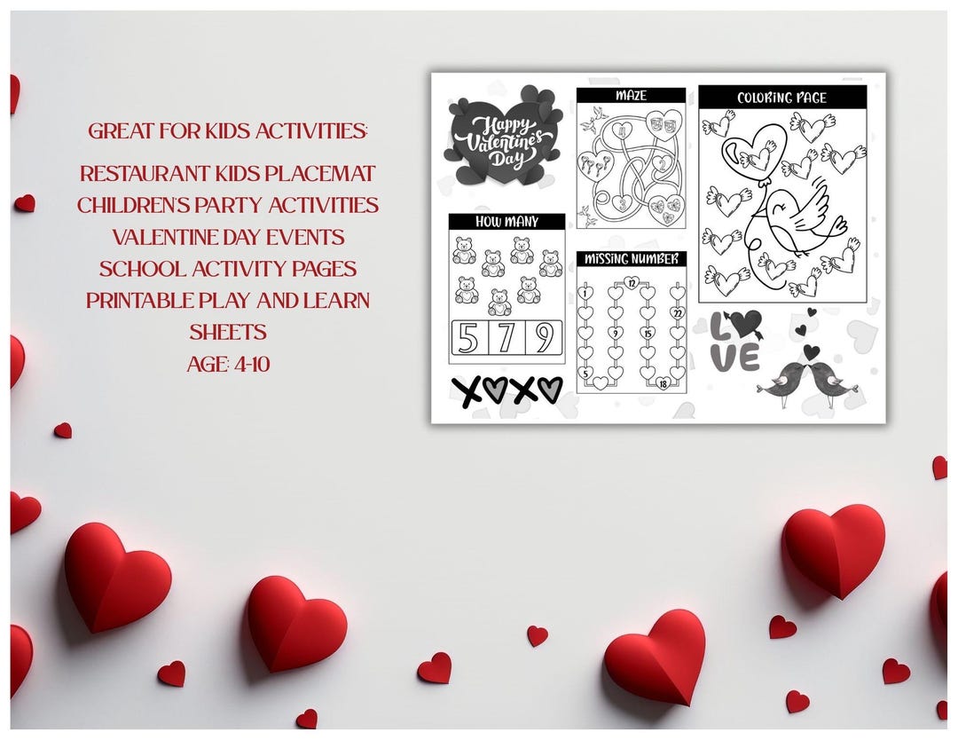 Valentine Day Coloring Placemat – Kids Party Activity- PDF Download - Etsy
