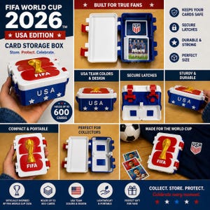 May include: A USA Edition card storage box for the FIFA World Cup 2026. The box is white, red, and blue, with the USA logo and stars. It holds up to 600 cards and features secure latches. The box is compact, portable, and perfect for collectors.