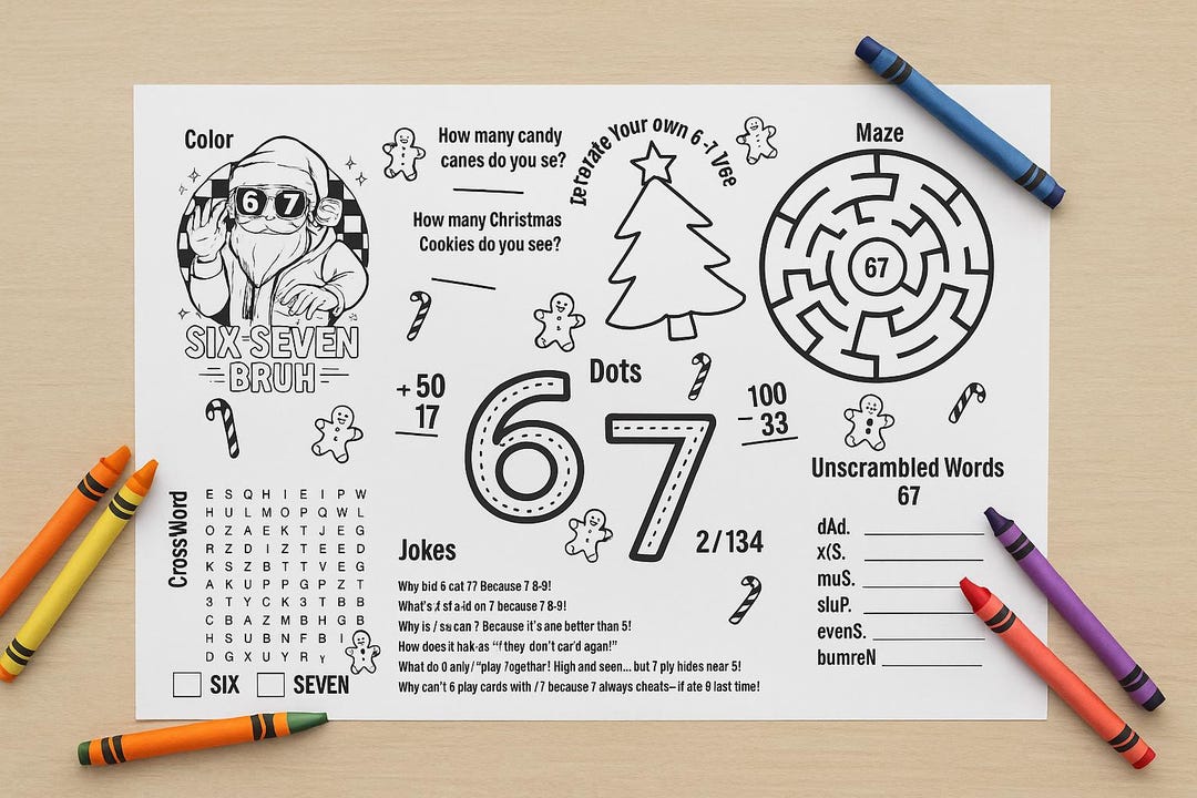 Santa 67 Activity Sheet Printable, Kids Christmas Activity Sheet 6-7 ...