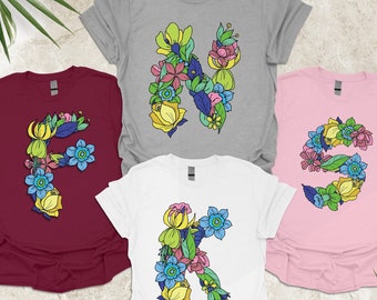Personalized Floral Monogram T-Shirt, Custom Family Initial Tee