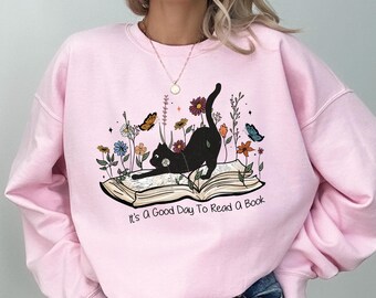 Floral Cat Book Sweatshirt - Book Lover Gift