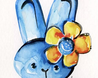 Origineel konijntje, konijn illustratie, aquarelverf - Blue Bunny