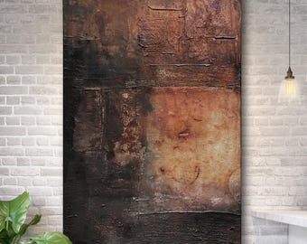 Grande dipinto artigianale Wabi-Sabi con tecnica mista e texture, 122 x 76 cm, decorazione da parete, tonalità terrose - Bellezza imperfetta