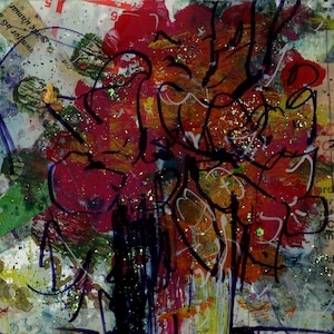 Original Abstract Collage Floral Art, Flower Painting, On glass, Affordable Art - Flowers In Vase 6