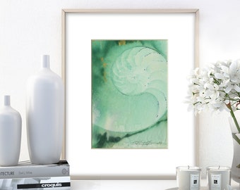 Sea Shell Watercolor Painting in 8x10 Mat - Nautilus Shell 931