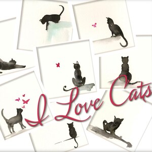 Black cat paintings, Gallery Wall, watercolor Art,  Original minimalist decor nursery room painting - I Love Cats