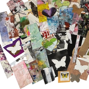 Enorme pacco di carta - oltre 70 carte dipinte a mano e carte vintage, effimere, diario spazzatura, foraggio, collage artigianali