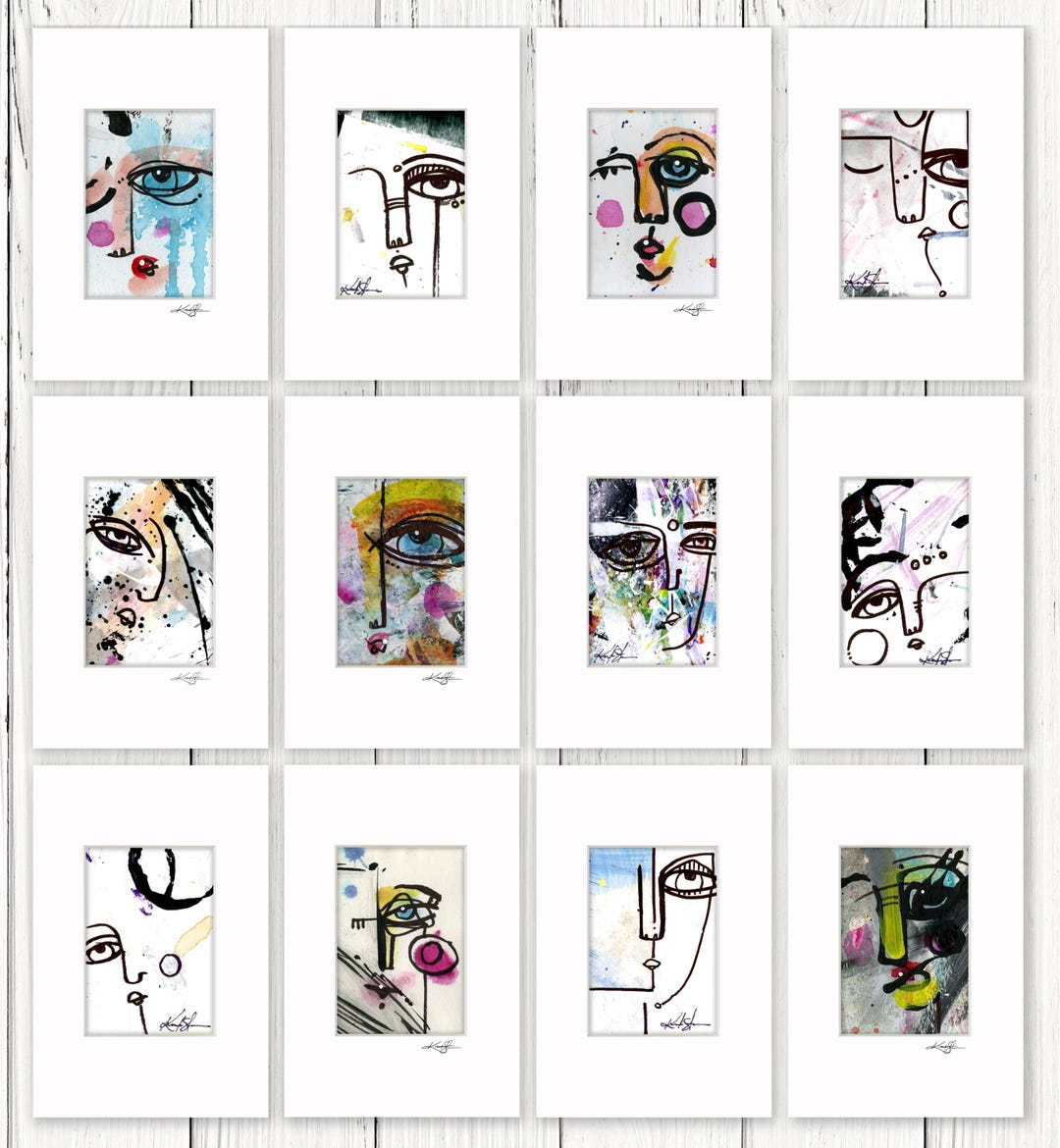 Abstract Faces Stand 12 Abstract Face Artworks in Mat, Frame Ready, Small Art, Gift Giving ...