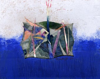 May include: Abstract mixed media artwork featuring a fish-like form with orange, blue, and purple hues. The artwork includes vertical elements and is set against a backdrop of white and deep blue, creating a layered effect. The piece has a textured appearance.