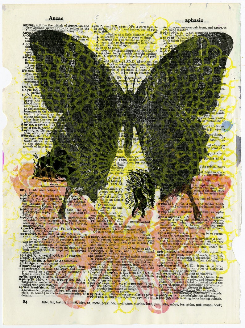 Original Butterfly Art on Vintage Dictionary Page Page Collage Repurposed Book Upcycled Poetic Imagination 4 by Kathy Morton Stanion