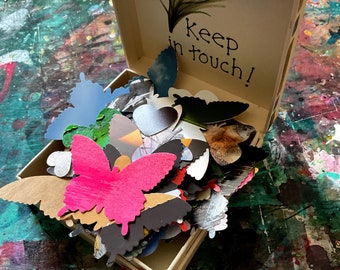 Pretty Box Filled with 50+ hand punched butterflies and Hearts, Recycled, Collage, Ephemera, Junk Journal