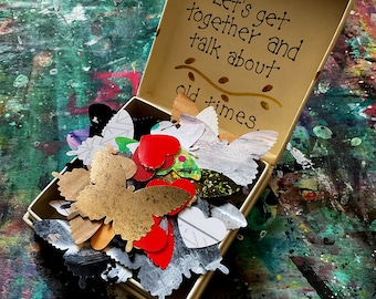 Pretty Box Filled with 50+ hand punched butterflies and Hearts, Recycled, Collage, Ephemera, Junk Journal