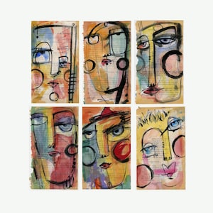 Abstract Face Paintings on Vintage Book page - Funky Face Group 2