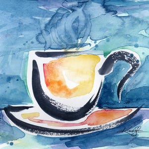 May include: Watercolor painting of a coffee cup and saucer. The cup is white with a black handle and rim, filled with yellow and orange liquid. Steam rises from the cup against a blue background. The saucer is white with a black rim.