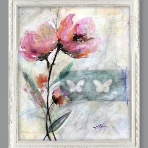 Original Framed Abstract Floral Poppy painting, Shabby Chic, Cottage, Farm House decor style - Poppy Romance 2