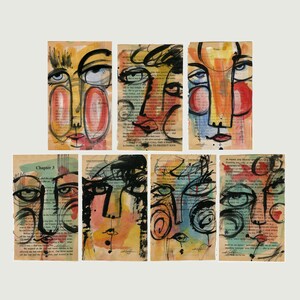 Abstract Face Paintings on Vintage Book page - Funky Face Group 1