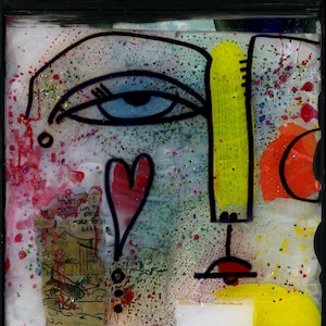 Abstract Face Art on Up-cycled Cd Case - Mixed Media Funky Face - Group 1