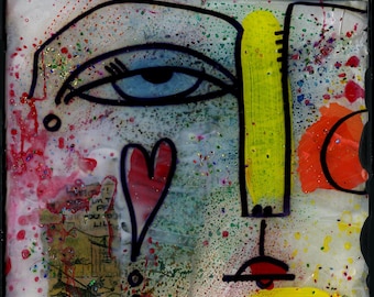 Abstract Face Art on Up-cycled Cd Case - Mixed Media Funky Face - Group 1