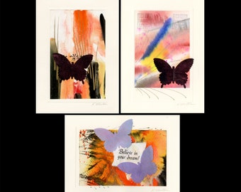 Bundle of 3 Hand made, hand painted Butterfly Blank Greeting Cards