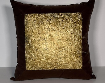 Chocolate Brown And Golden Shag Silk Pillow, 16"x16", Includes Pillow Form