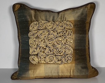 Gold and Brown Silk Rosette Pillow, 16"x16", Includes Pillow Form