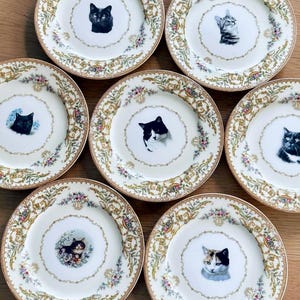May include: A set of seven round ceramic plates, each featuring a unique cat portrait in the center. The plates have a cream-colored base with ornate gold, pink, and green floral scrollwork patterns along the scalloped edges and rims.