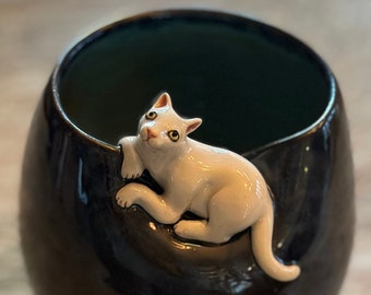Inconvenient Cat Vase - white cat resting on the slumped rim of a handthrown vase - handsculpted cat figurine - cat lover gift