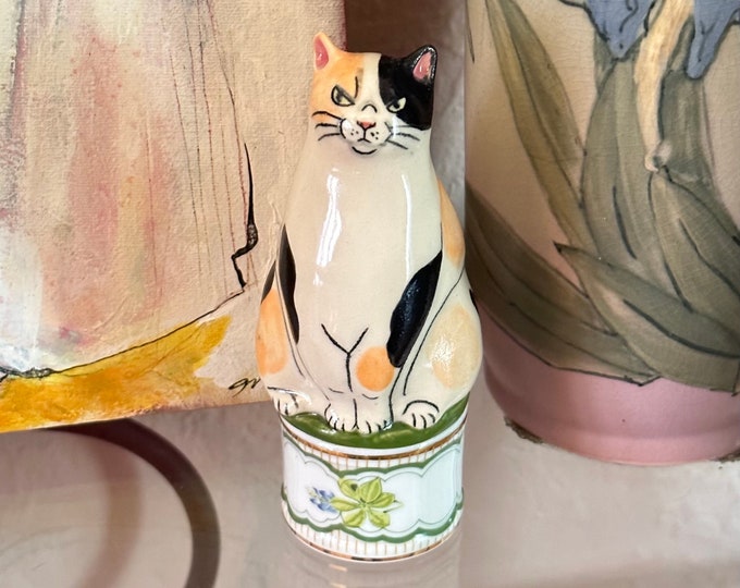 Grumpy Calico Cat Figurine on a Floral Ottoman - Cat Sculpture Handmade ...