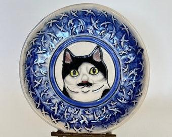 Black & White Cat Face Dish with decorative bird  border in blue - ring dish, prep dish, trinket tray, tea bag holder