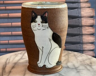 Cat vase / tumbler - sitting white & black cat - Hand thrown dark brown clay w/thick slip cat design drawn freehand and decorated w/oxides