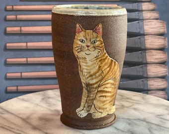 Cat vase / tumbler - sitting ginger tabby cat - Hand thrown dark brown clay w/thick slip cat design drawn freehand & decorated w/oxides