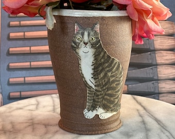 Cat vase / tumbler - black and gray tabby cat - Hand thrown dark brown clay w/thick slip cat design drawn freehand & decorated w/oxides