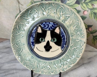 Black & White Cat Face Dish with decorative bird border in aqua blue - ring dish, prep dish, trinket tray, tea bag holder