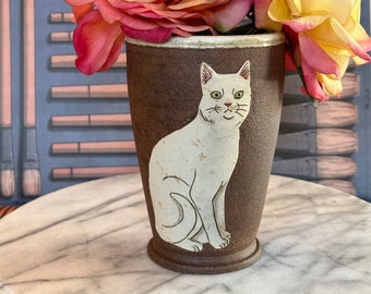 Cat vase / tumbler - sitting white-ish cat - Hand thrown dark brown clay w/thick slip cat design drawn freehand & decorated w/oxides