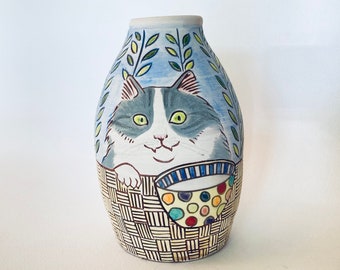 Ceramic Cat Vase - hand thrown & illustrated cat / dinnertime scene. Slip over dark red clay and carved - one of a kind and handmade