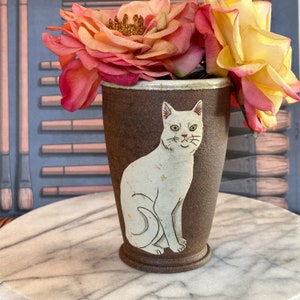 Cat vase / tumbler sitting white-ish cat Hand thrown dark brown clay w/thick slip cat design drawn freehand & decorated w/oxides image 1