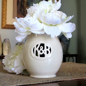 Custom Monogram Ceramic Vase with Initials & Ampersand Couple's gifts, housewarming or wedding gift handmade from stoneware clay image 1