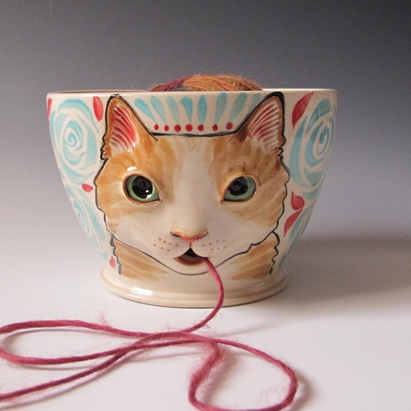 Tabby Cat Yarn Bowl - sculpted kitty with turquoise roses