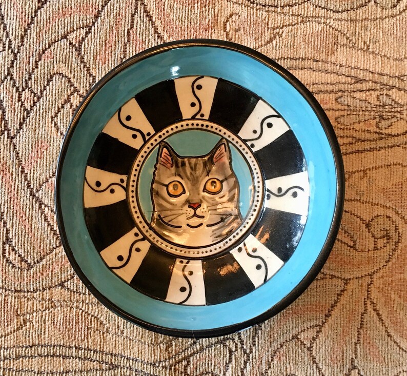 cat lady gift Ceramic Bowl Handmade Cat Ceramic Dish cat lover blue and black border Gray and black tabby cat portrait