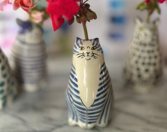 Blue & White Striped Cat Vase - small hole for single stem incl heart - handmade - cat lover gift  - Cat C