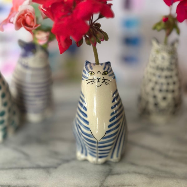 Blue & White Striped Cat Vase - small hole for single stem incl heart - handmade - cat lover gift  - Cat C