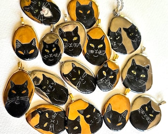 Black Cat Pendant w/choice of 22k gold or Palladium (silver) background w/chain - hand drawn cat & fun gift for a cat lover - group H